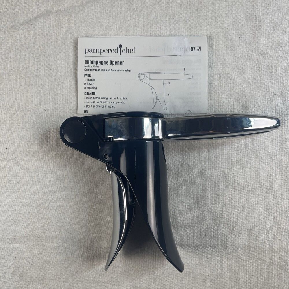 Pampered Chef CHAMPAGNE Wine Bottle Opener #1597 Black & Silver New Open Box